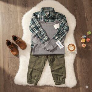 NWT Toddler Boys 3-Piece Outfit Set — Sweater, Plaid Shirt & Cargo Pants